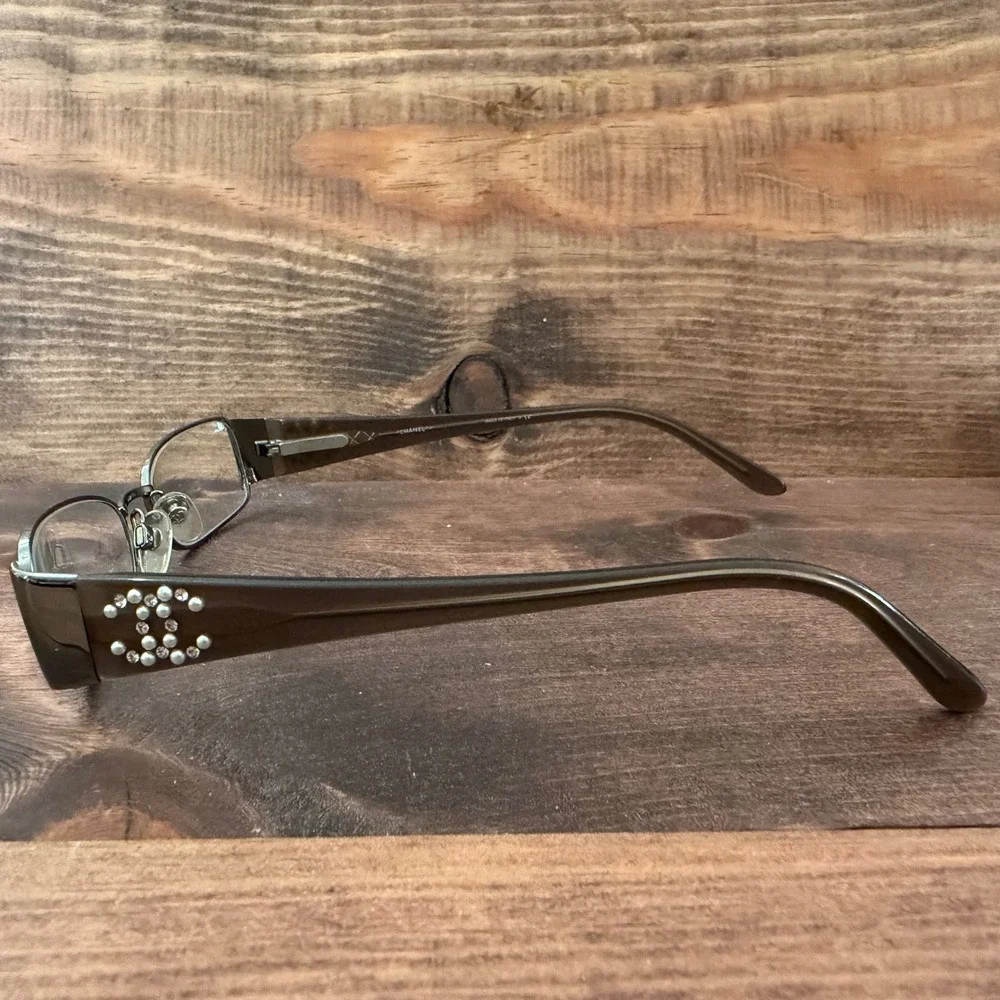 Chanel Eyeglass FRAME ONLY Gunmetal Brown Crystal Pearl CC Logo 50-16-135